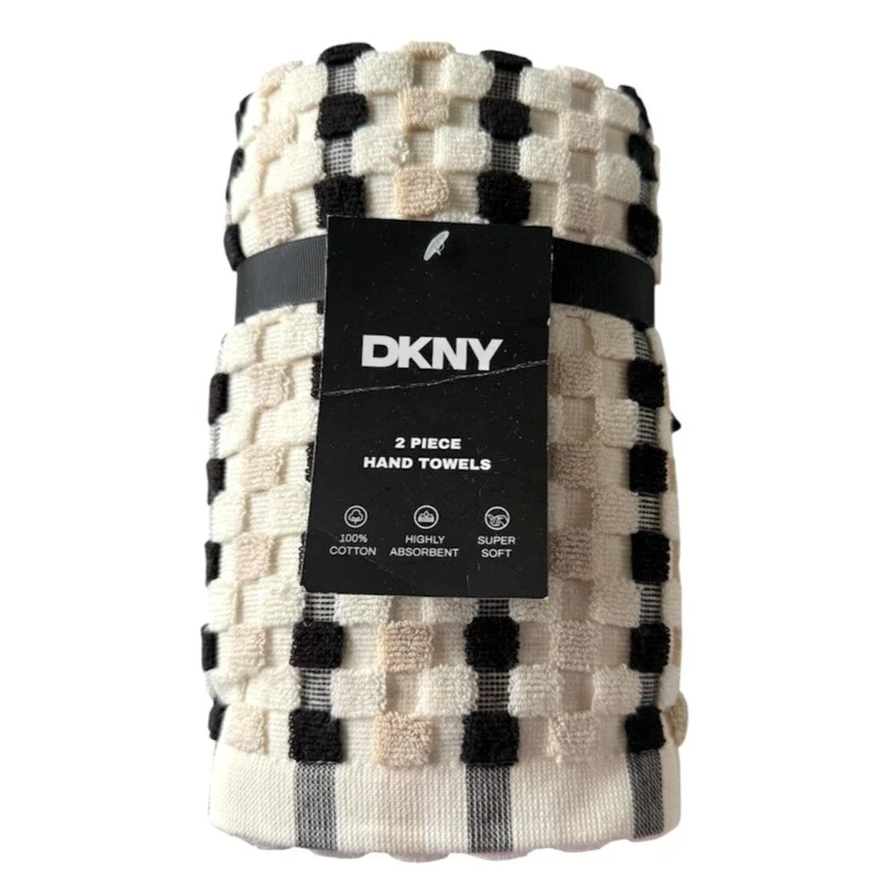 DKNY Hand Towels Set of 2 Black Beige White Check 100% Cotton 16x28 Super Soft